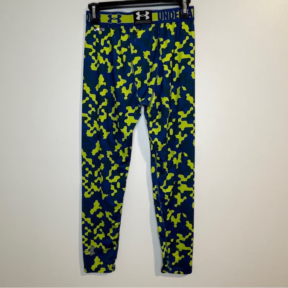 UNDER ARMOUR HeatGear Armour Compression Leggings Blue Green Camo Print Size YLG